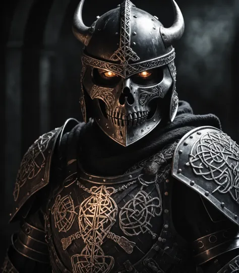 dark skeleton knight, black helmet, armor, awardwinning photo, face portrait, close up, glowing runes, viking knotwork