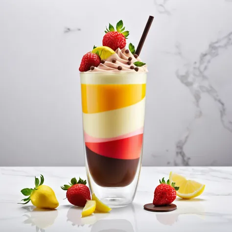 a photo-realistic image of a unique pearl milk tea, creatively composed of layers made from strawberries, lemons, cheese, and chocolate. Each layer distinctively represents its ingredient, showcasing vibrant colors and textures that entice the viewer. The ...