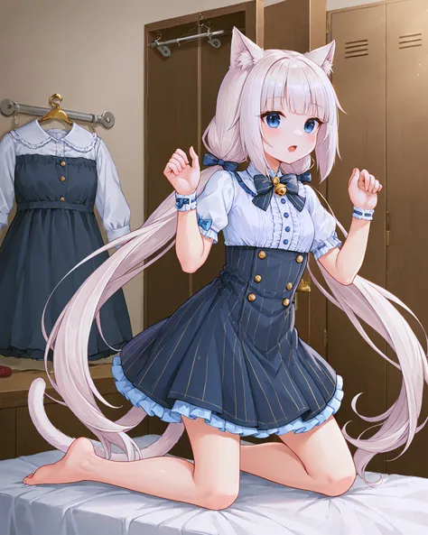 <lora:Neko_Vanilla_XL:0.7> vanilla, blue eyes, white hair, bangs, blunt bangs, cat girl, cat ears, cat tail, long hair, twintails, low twintails, very long hair, (hair ribbon:1.1), hair bow, bow, ribbon, bell, neck bell, (white top:1.1), gold buttons, dark...