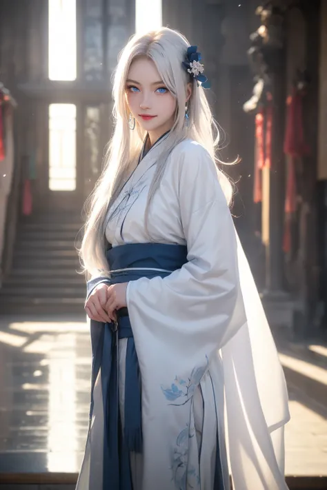 hanfu,face lighting,bright backlight,super high resolution,best quality,Photos,4k,(Realistic:1.2),1girl,solo,(white hair:1.1),(long hair:1.1),(blue_eyes:1.3),(hair_ornament:1.1),smile,standing,thigh,