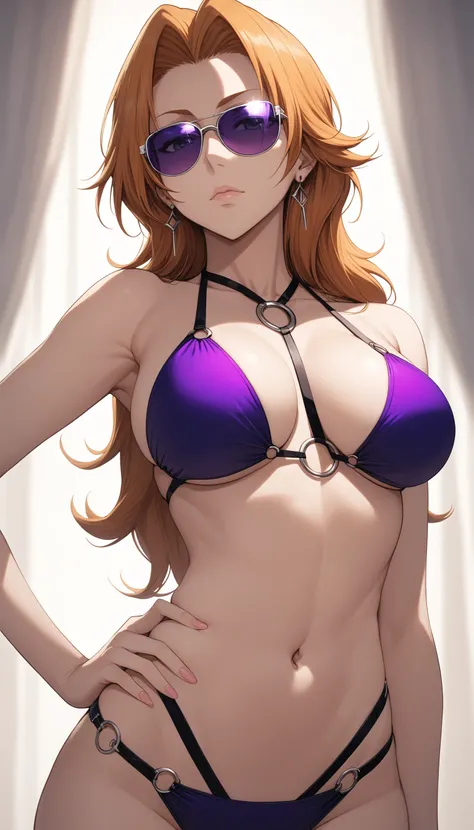 score_9, score_8_up, score_7_up, intricate details,
1girl, matsumoto rangiku, bleach, bikini, large breasts, breasts apart, hand on own hip, navel, o-ring bikini, o-ring top, sunglasses, earrings, purple-tinted eyewear, expressionless,