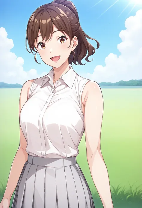 1girl, solo, cowboy shot, field, sunlight, smile, open mouth
tantei1_kangofu, brown eyes, brown hair, ponytail, mature female, white shirt, collared shirt, sleeveless, pleated skirt, gray skirt, <lora:tantei1_nurse_pony_ver1:0.8>, score_9, score_8_up, scor...