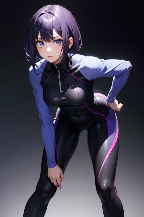 1girl,bodysuit,muscular female,purple hair,short hair,simple background,black background,long sleeves,leaning forward,medium breasts,less,expressionless,, (best quality, masterpiece:1.2),