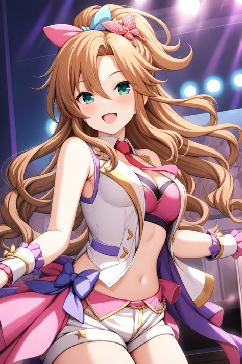 (masterpiece, best quality, very aesthetic, ultra detailed), intricate details, highly detailed background, perfect lightingbest quality, koizumiyuka, solo, indoors, stage, idol, light brown hair, high ponytail, half updo, blue bow, pink bow, hair bow, but...