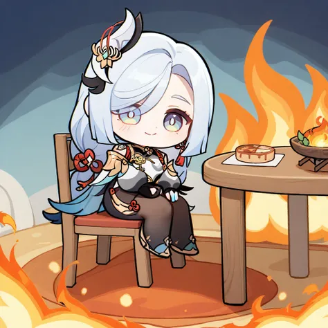 <lora:XL_this is fine(a3):1>,1girl,fire,sitting,smile,chibi,table,chair,shenhe (genshin impact),, masterpiece,best quality,