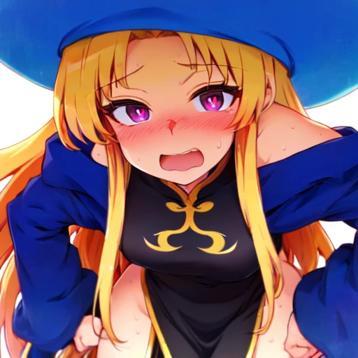 <lora:LeftHand-Singles-Updated-4:1>,
uranaishi-chan, fortuneteller-chan, solo, long hair, looking at viewer, blush, open mouth, sweat, :d, smile, open mouth, from below, hands on hips, bangs, small breasts, long sleeves, hat, dress, chinese dress, bare sho...