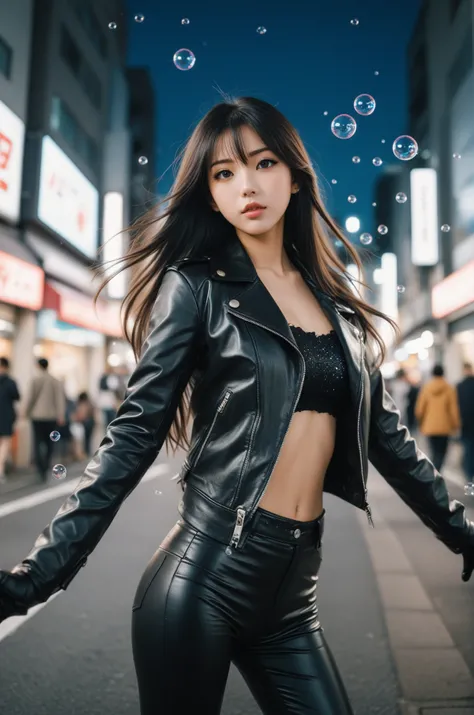 The portrait of a Japanese anime idol girl features big, long, and beautiful black eyes, straight hair, dressed in a black leather jacket, gloves, and pants. She is staring into the camera with clear eyes, posing like a dancer. The scene is viewed from str...