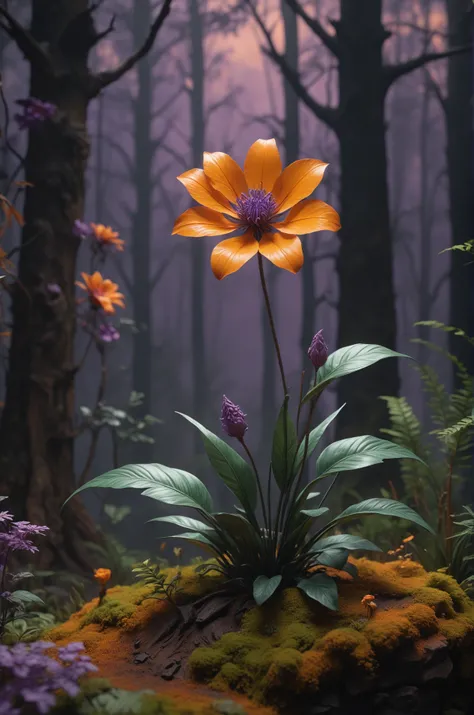 A beautiful purple flower in a dark forest, in the style of hyper-realistic sculptures, with dark orange and green colors, set against post-apocalyptic backdrops with light red and yellow hues. It is displayed in museum gallery dioramas, featuring soft, dr...