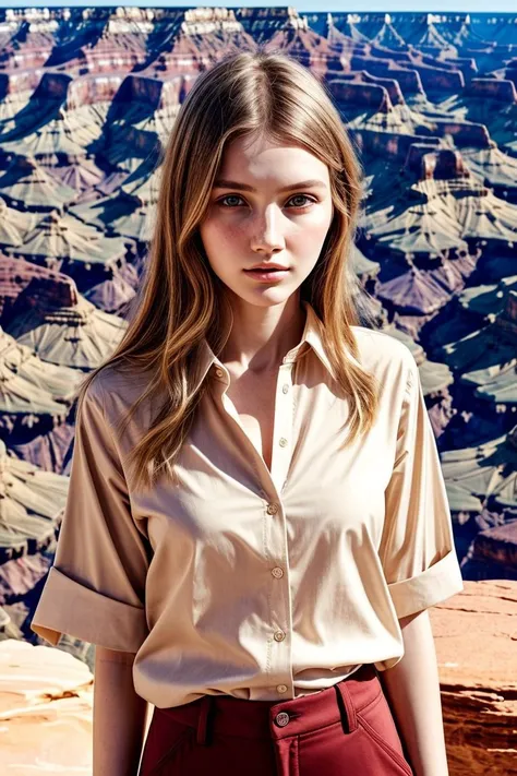 woman, closeup, (shirt), pants, (grand canyon), (), ZM_elli, wide shoulders, perfect face, (contact iris: 1.1), pale skin, skin pores , depth of field