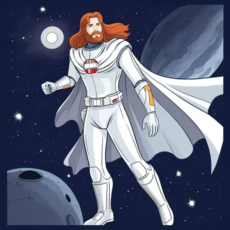 comic a full body man with long hair and a beard in a silver space suit with a cape, in a spaceship <lora:Ulysse31-1024_r1:0.8> . graphic illustration, comic art, graphic novel art, vibrant, highly detailed