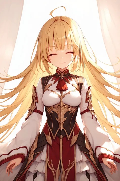 score_9, score_8_up, score_7_up, 1girl, closed eyes smile, looking at viewer, golden hair, curtain_bangs, white eyes, medium breasts, hands_on_hip <lora:sorairo_len_PonyXL_style_v01:1>