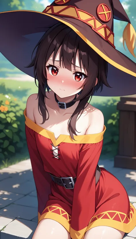 score_9, score_8_up, score_7_up, intricate details,
1girl, solo, Megumin, red dress, red eyes, witch hat, nose blush, shy, looking at viewer,