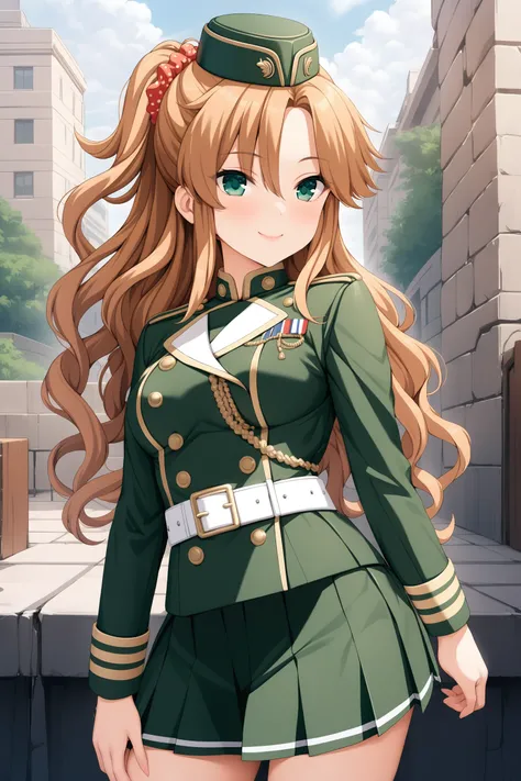 (masterpiece, best quality, very aesthetic, ultra detailed), intricate details, highly detailed background, perfect lightingbest quality, koizumiyuka, solo, outdoors, military, garrison cap, green headwear, light brown hair, ponytail, red scrunchie, polka ...