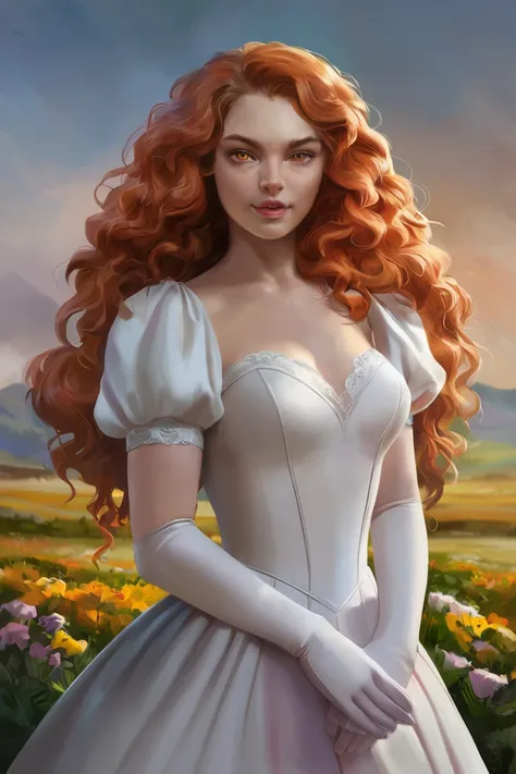 masterpiece, best quality, hi res, newest, concept art, digital art, realistic, 1girl, solo, long hair, curly hair, wavy hair, orange hair, orange eyes, looking at viewer, breasts, dress, white dress, puffy sleeves, puffy short sleeves, short sleeves, glov...