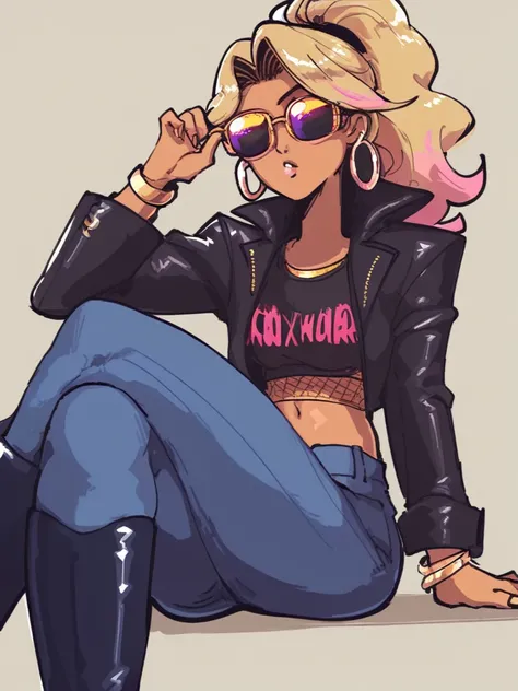 <lora:Witchparfait-1024px:0.9>
score_5_up,  score_6_up,  score_7_up,  
1girl, solo, sitting, crossed legs, gyaru, wearing (leather black jacket, crop top, denim jeans, black boots, hoop earrings), blonde hair, ponytail, sunglasses, parted lips, makeup