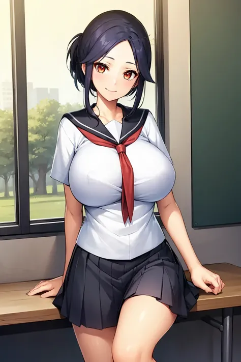 (masterpiece, best quality), 1girl, (solo), looking at viewer, 
smile, closed mouth,
<lora:HasegawaAi-offset:0.9> black hair, mature female, huge breasts, single hair bun, brown eyes, sidelocks, parted bangs, forehead,
school uniform, skirt, serafuku, plea...