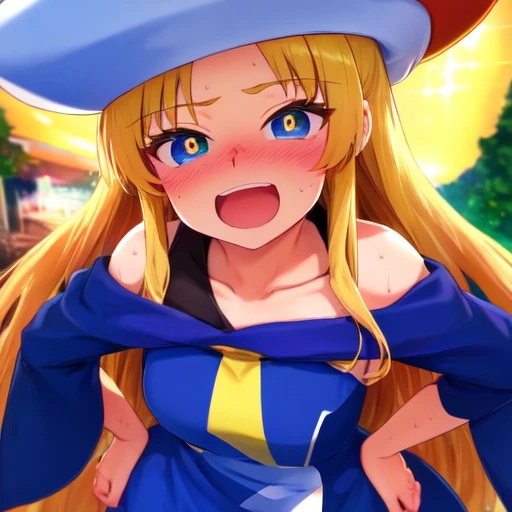 <lora:LeftHand-Singles-Updated-4:1>,
uranaishi-chan, fortuneteller-chan, solo, long hair, looking at viewer, blush, open mouth, sweat, :d, smile, open mouth, from below, hands on hips, bangs, small breasts, long sleeves, hat, dress, bare shoulders, very lo...