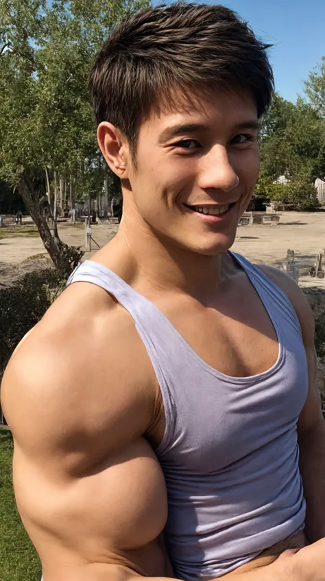 <lora:BulkedUpAIR1.5:0.1>, (face focus). (close up shot:0.9), (masculine:1.3), (large strong physique:1.2), at outdoor sunny park, (muscular man wearing tight tank top:1.3), sexy pose:1.0, styled hair, confident, handsome, (((masterpiece))), (((best qualit...