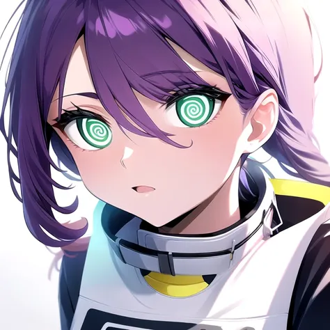 (score_9,score_8_up,score_7_up,score_6_up,source_anime,best best quality,perfect face,bright pupils,(finely detailed beautiful eyes),),1girl,girl,solo,teenager,purple hair,green eyes,small_breasts,<lora:1739191204076771576:0.7>,Spinning eyes,rolling eyes,g...