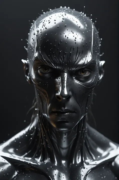 The dark creature stares at the camera, in the style of liquid metal, vray tracing, raw character, 32k uhd, schlieren photography, conceptual portraiture, wet - on - wet blending