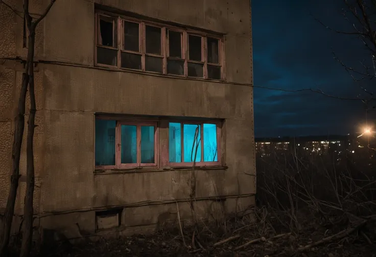 A nocturnal snapshot captures the facade of a Russian suburban building, bearing the wear of neglect. A large window section glows with an unsettling pink light, contrasting starkly against the buildings dilapidated exterior and the dark night beyond. Bare...