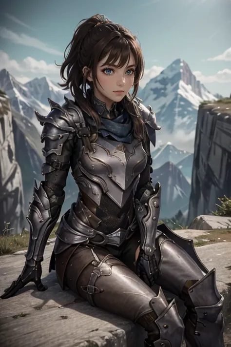 <lora:HXarmour_044a:0.8>,mountain,Sitting with elbows on knees,, hxarmour,1girl,(brown armour:1.3),, ultra-detailed,extremely delicate and beautiful,(by exquisite colors block),masterpiece,best quality,unreal engine 5 rendering,movie light,movie lens,movie...