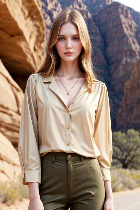 woman, closeup, (shirt), pants, (big bend national park), gold necklace , ZM_elli, wide shoulders, perfect face, (contact iris: 1.1), pale skin, skin pores , depth of field