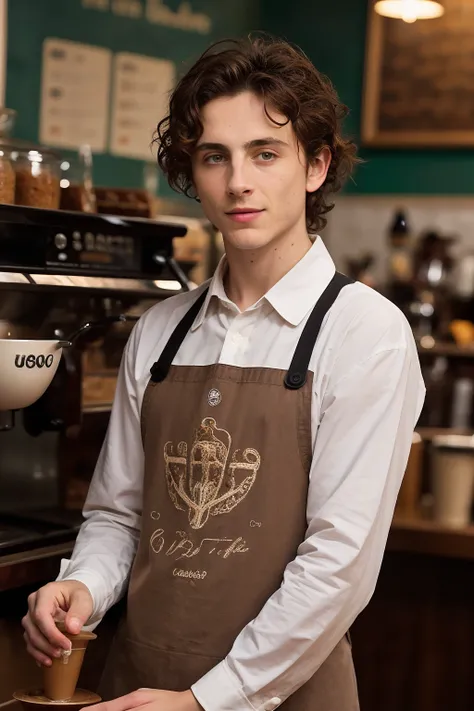 closeup photo of tmhx man, natural lighting, (wearing a barista outfit, apron:1.2),(in a cozy cafe with espresso machines and pastries on display:1.2), , pale skin, frizzy  hair, sharp jawline, 35 mm film aesthetic, film grain, faded colors
 <lora:Timothee...