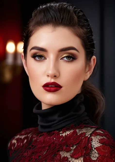 half body of A captivating masterpiece of an woman, (((dressed in a turtleneck Blouse))), The intricate lace and gold details exude a very rebellious aura. ((A bold and daring makeup look featuring ombre lips that transition from a deep, dark red at the ce...