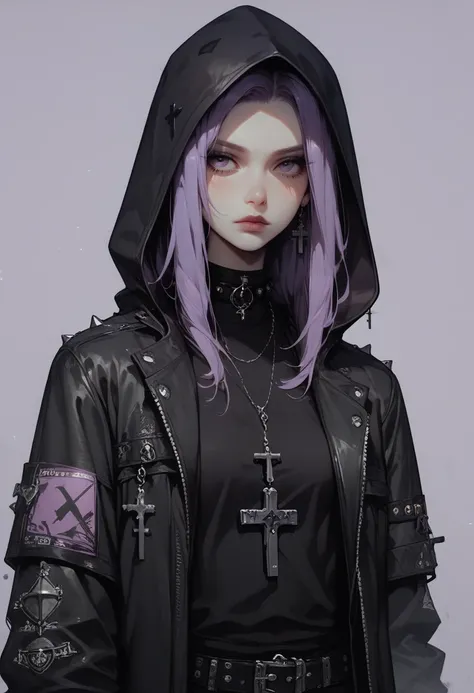 score_9, score_8_up, score_7_up, Goth girl, goth girl 1girl, monochrome, hood up, black pants, spot color, purple hair, black cat, grey background, shirt, purple background, cross, <lora:[GP] somethingweird [Pony XL]:0.2>, <lora:g0th1cPXL:0.3>, <lora:Conce...