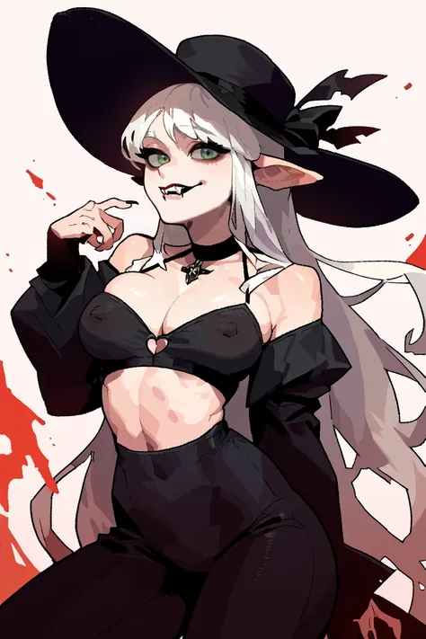 score_9, score_8_up, score_7_up, score_6_up, score_5_up, score_4_up, jaggy lines, 1girl, solo, dreess, hat, large breasts, perky breasts, feminine, white hair, long hair, green eyes, pointed ears, vampire, cleavage, nipple outline<lora:EMS-353495-EMS:1.000...