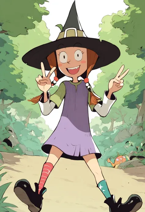 score_9, score_8_up, score_7_up, source cartoon, 1girl, olivia, small pupils, black eyes, looking at viewer, peace sign,  smile, open mouth, upper teeth, full body, shoes, witch hat, outdoors