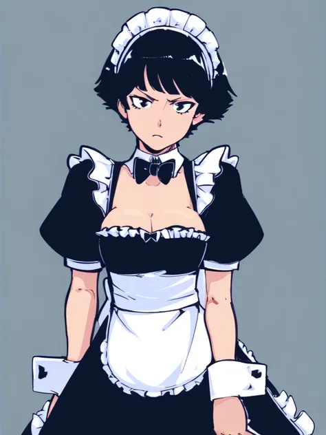 <lora:Witchparfait-1024px:0.9>
score_5_up, score_6_up,
1girl, solo, standing, wearing (maid outfit, maid headdress), short black hair, cleavage, frills, short puffy sleeves, detached cuffs, bowtie, simple background