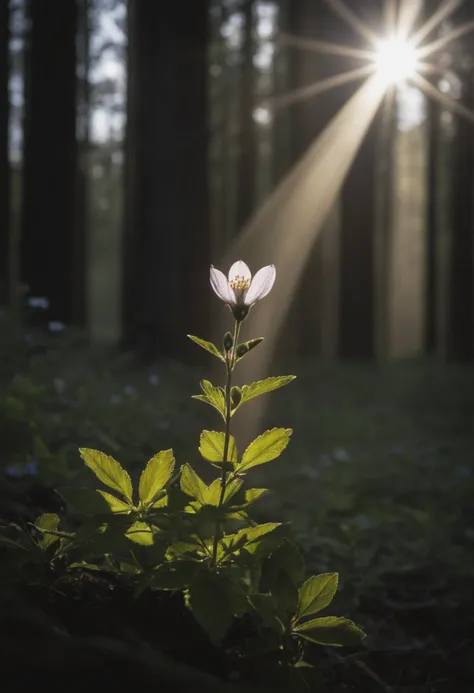 (Single wildflower expressing hope, dark shadows:1.6) In the depths of a misty forest, a solitary wildflower emerges from the shadows, its delicate petals illuminated by a shaft of sunlight breaking through the dense canopy, a beacon of hope in the darknes...