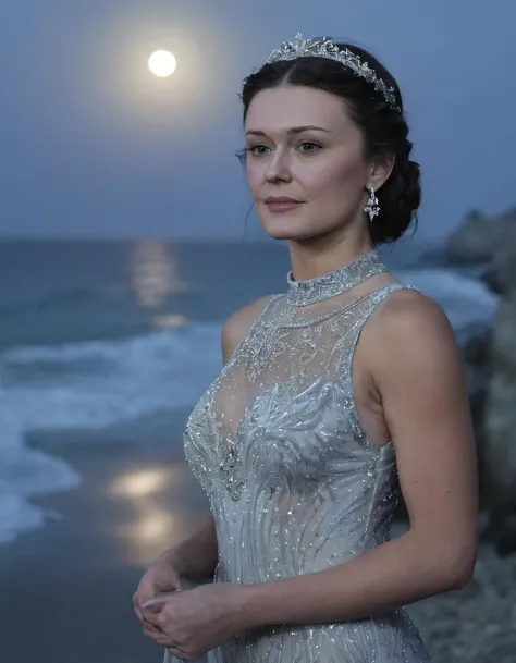 Steph Myers stood gracefully in a splendid evening gown, adorned with intricate details of delicate silver beading and a captivating fitted high-neckline, as she gazed out over the glimmering Mediterranean shore where waves lapped gently against the shorel...