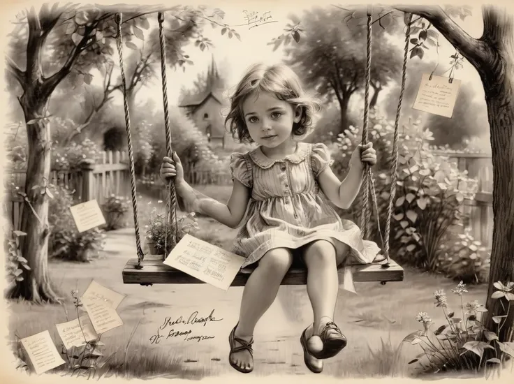 vintage style,sephia,vintage child on a swing on garden,(sketch with notes:1.4),black and white