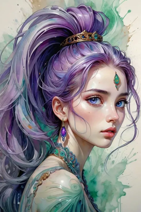 (masterpiece), 8k, very wide shot, volumetrics dtx, portrait, beautiful eyes, (dreadlocks:0.5) in a ponytail, (Violet head:1), vibrant colors, highly detailed, watercolor sketch in artistic style, large strokes, finalized with ink, fine lines sparkling, el...