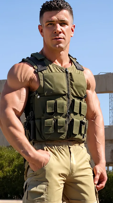 <lora:BulkedUpAIR1.5:0.2>, handsome face, (close up shot:0.7), at outdoor military base, sweaty:1.2, , wearing military shorts, (wearing open SWAT vest:1.1), confident, handsome, (((masterpiece))), (((best quality))), <lora:more_details:0.1>, large pectora...