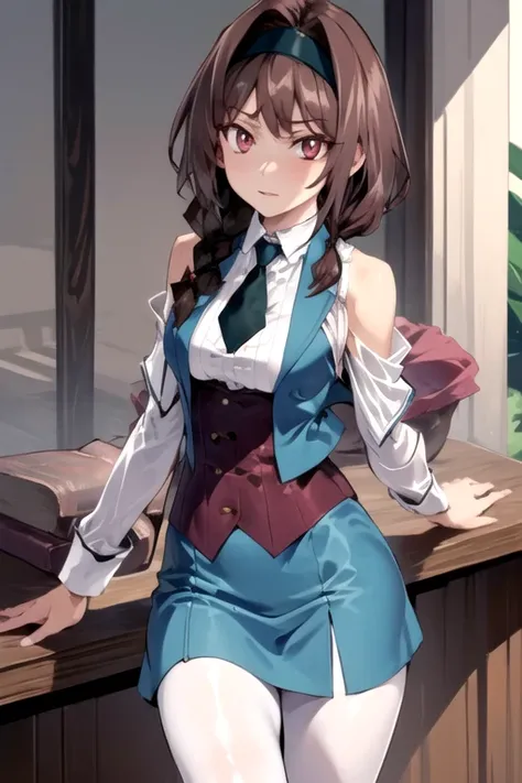 AnnaSRank, 1girl, solo, blue skirt, brown hair, collared shirt, red eyes, long sleeves, medium breasts, white shirt, braid, black pantyhose, black hairband, necktie, medium hair, vest, hair intakes, shoulder cutout, 