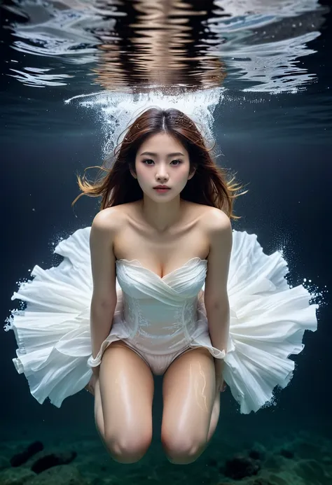 A beautiful japanese girl  floats up from beneath the waves.