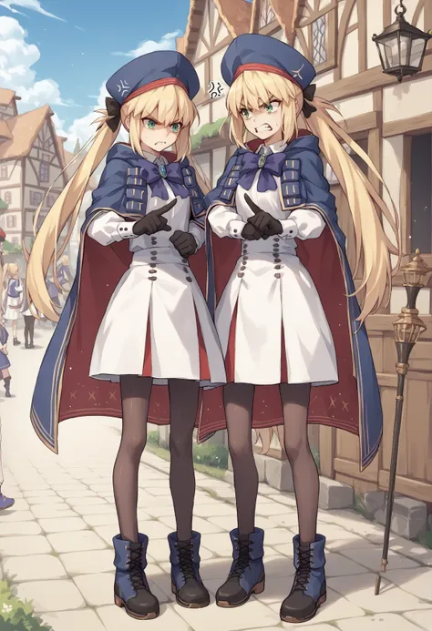 2girls, blonde hair, long hair, green eyes, twintails, white shirt, blue beret, white skirt, blue cape, blue ribbon, black gloves, pantyhose, blue boots, angry, pointing, pointing at each other, angry, arguing, full body, twins, outdoors, town <lora:Castor...