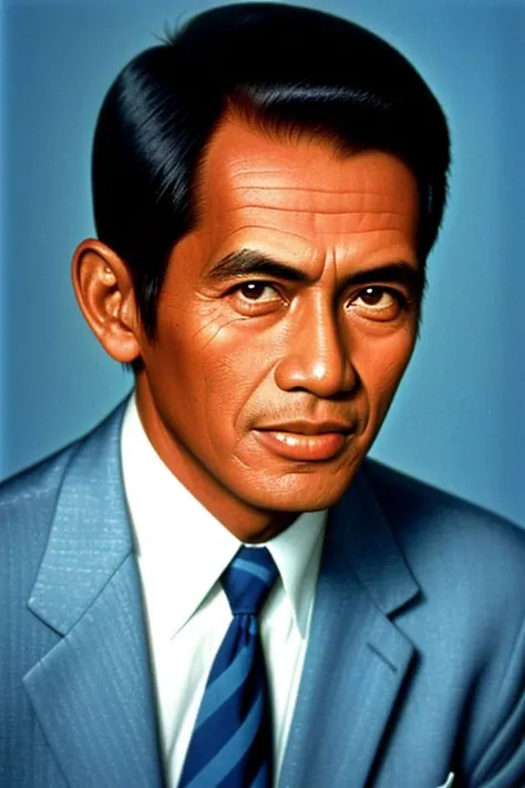 centered,a half body,solo, Indonesia male, 60 years old, kodak chrome photograph of a businessman, 1960s, (sharp focus, skin texture), realistic face, background mate colour blue,ebesiyasku