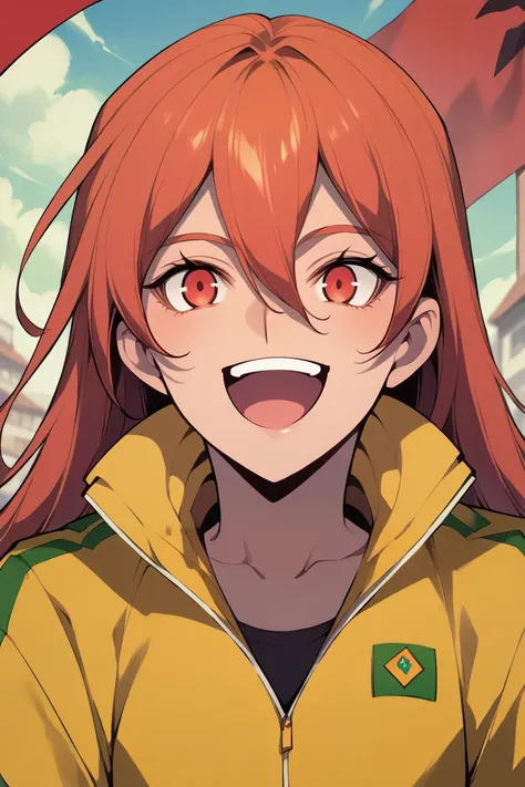 score_9, score_8_up, score_7_up, score_6_up, source_anime, BREAK 1girl, solo <lora:jishuka-pdxl-nvwls-v1:1> jishuka, red hair, hair between eyes, green and yellow jacket, closed jacket, flag of brazil, happy, open mouth, looking at you