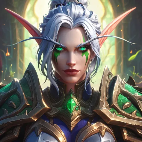 a close up cinematic shot of a beautiful female world of warcraft Night Elf wearing armor, beautiful white hair, green eyes, dungeon cellor in background, hkelf, concept art, digital art, realistic,