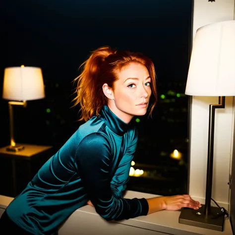 Masterpiece, (1:00 am) dark night, dramatic lighting, overexposed lighting, raw lighting, photorealistic, sharp focus, medium shot, 1girl, 36-year-old, (cute: 1.5), (petite: 1.3), red hair, (messy ponytail: 1.3), With Thick Eyelashes, small mouth, (realist...