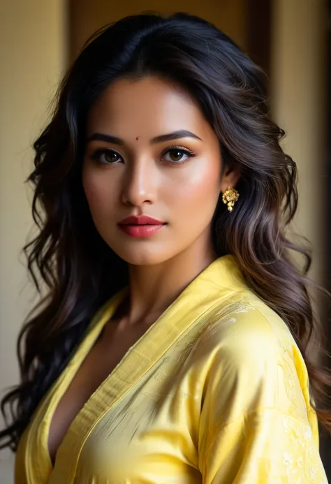 Modelshoot (Candid 1.3) photo of a vivacious 28-year-old nepali supermodel, fullbody view, Striking eyes, voluminous wavy hair, coy expression, lipgloss, wearing intricately detailed Yellow Kimono, looking at viewer, (upper body shot:1.5) Natural lighting,...