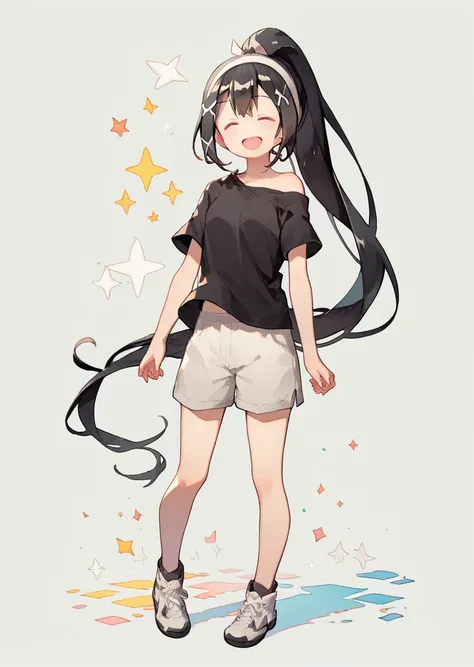 score_9, score_8_up, score_7_up, 1girl, solo, <lora:Scorching_ping_pong_girls:0.8>, grey shorts, black shirt, ushirode kiruka, x hair ornament, closed eyes, white hairband, black hair, long hair, ponytail, smile, open mouth, off shoulder, full body, standi...