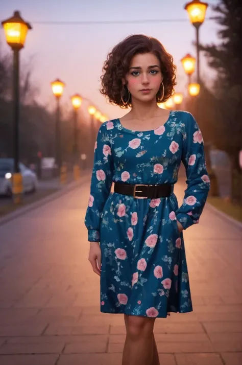 ((zPDXL), source_realistic),Midshot, woman, dusk setting, outdoor, floral dress, black belt, standing, bokeh background, street lights, tree-lined pathway, medium shot, contemplative expression, curly hair, natural makeup, hoop earrings, hand in pocket, wa...