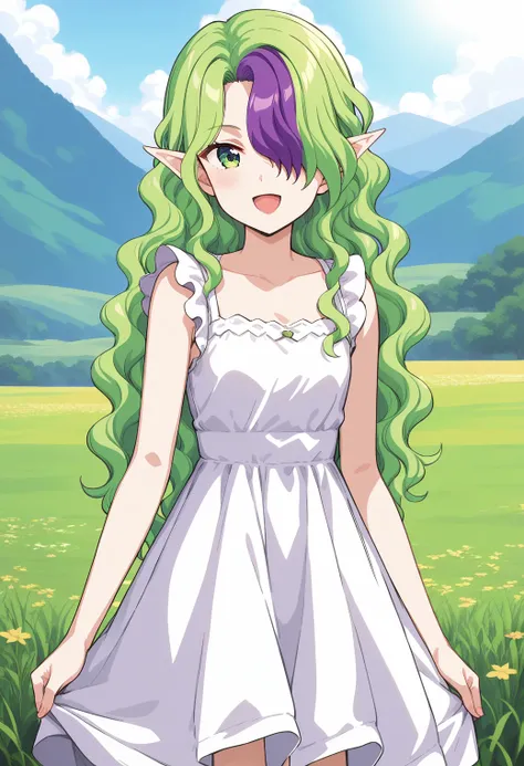 1girl, solo, cowboy shot, field, smile, open mouth, flat chest, child,  
misery, pointy ears, green eyes, two-tone hair, green hair, purple hair, long hair, hair over one eye, wavy hair, sundress, white dress, <lora:misery_pony_ver1:0.7>, score_9, score_8_...