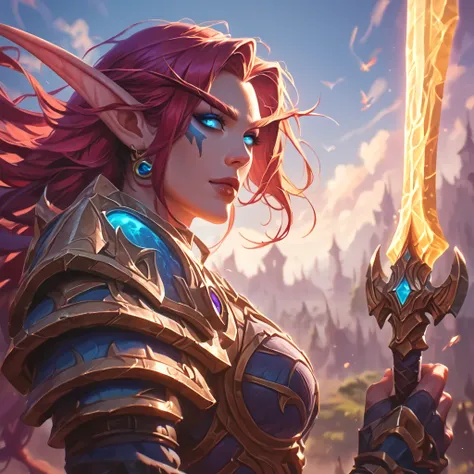 score_9, score_8_up, score_7_up, score_6_up, score_5_up, score_4_up,, a close up cinematic shot of a beautiful female world of warcraft Night Elf wearing armor, beautiful red hair, holding blue glowing sword, heaven in background, hkelf, concept art, digit...